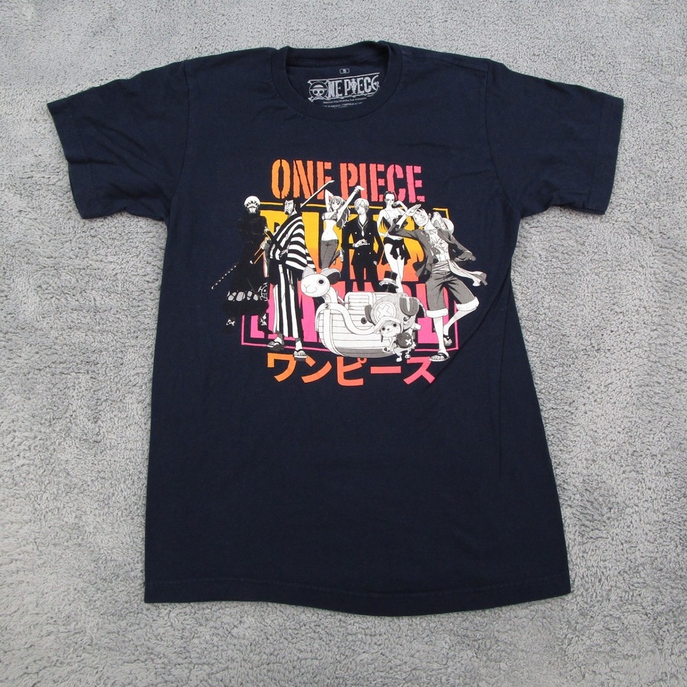 One Piece Anime Graphic T-Shirt Mens Small Navy Blue Luffy Zoro Crew Neck Tee